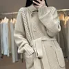 Women Sweters Lazy Styl wełniany kardigan do stałego koloru wiązanie kołnierzyka z kołnierzem długim rękawem zagęszczone luźne dopasowanie średniej długości dzianiny 230904