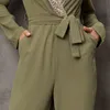Pantaloni da donna a due pezzi Moda elegante Tute da donna Casual Patchwork in pizzo con scollo a V Pagliaccetto Cintura lunga con tasche 230904