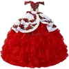 Meksika Kırmızı Quinceanera Elbiseler Organza Ruffles Balown Big Bow Prom XV Para De Doğum Günü Partisi Elbise Korse Vestidos Debutantes Masquerade