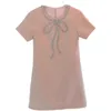 2023 Summer Pink Solid Color Dress Short Sleeve Round Neck RhinestoneKnee-Length Casual Dresses S3S01M093