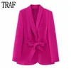 Kobiety damskie Blazers Traf Fuchsia Tuxedo Blazer Woman Pas Button Kurtka Kobiet długi rękaw prosto do streetwearu 230904