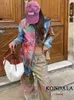 Tweedelige damesbroek KONDALA Vintage tie-dye print damespak enkele rij knopen blouse recht lang los mode zomer boho sets 230905