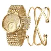 GINAVE European and American Diamond Quartz Womens Watch 18K Gold Leaf Bracelet Casual Set Exquisite Wrist Watches293h