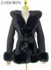 レディースファーフェイクザドリン冬のコート女性毛皮のようなフードスエードブラック
