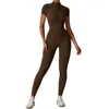 Neues einfarbiges Fitness-Sport-Stehkragen-Halbreißverschluss-Nacktgefühl-Damen-Kurzarm-Einteiler-Yoga-Kleid