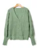 Kvinnors tröjor Autumn Women Hollow Out Crochet Hook Cardigan Green Elegant Female Wave Trim Vneck Puff Sleeve Single Breasted tröja 230904