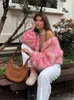 Womens Sweaters Pink Striped Autumn Front Open Long Lantern Sleeve Loose Crochet Cardigan Fashion Vintage Casual Streetwear 230904