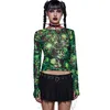 Женские футболки Goth Dark Skull Print Cyber Y2k Punk Mesh Футболки Mall Готические прозрачные сексуальные женские укороченные топы Гранж с длинным рукавом Эмо Уличная одежда