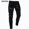 ZEMTOO Jeans strappati neri da uomo pantaloni sfilacciati lavati con cerniera decorazione pantaloni215f