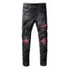 Herr Jeans Street Tide High Youth Pink Stave äkta läder Trasig patch stor storlek Mikroelastisk svart Men3029