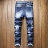 Mens Designer Fashion Washed Blue Jeans Classic Skinny Denim Scratched Distressed Biker Jean Pants326w