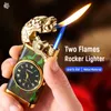 2023 New Creative Metal Rocker Double Fire Crocodile Lighter Windproof Inflatable Blue Flame Watch Men's Fun Gift Gadget 5ZJY