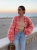 Mulheres suéteres rosa listrado outono frente aberta longa lanterna manga solta crochê cardigan moda vintage casual streetwear 230904