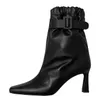 sheepskin 2024 new leather lady Boots Med heels Knight Pleated half Ankle booties women buckle zipper pillage toes pointed knee party wedding shoes size 34-43