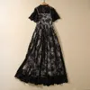 2023 Autumn Black Floral Lace Panelled Dress Short Sleeve Round Neck Long Maxi Casual Dresses S3S020831