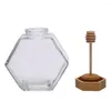 보관 병 부엌 코르크 뚜껑이있는 목재 디퍼 투명 육각형 디스펜서 용기 꿀 항아리 냄비