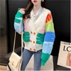 Womens Sweaters WAYOFLOVE Sweater Cardigan Autumn Winter Contrast Vneck Double Breasted Loose and Lazy Flocking Knitted Female 230904