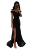 Robe de bal noire sexy grande taille longue pour femme en satin, épaules dénudées, drapée de perles, plis fendus sur le côté haut, vêtements de cérémonie, concours d'anniversaire, deuxième réception