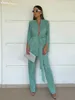 Womens Two Piece Pants Clacive Autumn Green Pleated Set Bodycon Slit Trosuer Suits Fashion LaceUp Long Sleeve Blazer 2 Sets Outfits 230905