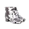 2023 new women sheepskin patent leather chunky heels boots SHOES Ankle Booties square toes Laser camouflage half knee catwalk Glitter zipper zip big size 34-48