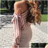 Women'S Blouses Shirts Designer Tops Wome Women Shirt Clothing Lady Off Shoder Lace Up Unique Stripe Seasons Date Casual Vacation Dhetp