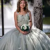 Light Green Shiny Spaghetti Strap Ball Gown Quinceanera Dresses For Girls Beaded Bow Birthday Lace Up Back Party Gowns