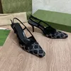 Zapatos de vestir de diamantes de imitación Tacones atractivos Diseñador Sandalia de piel de vaca Slingbacks 7.5 cm Sandalias de tacón alto 35-42 Elegante tacón de gato Cabeza cuadrada Diseñadores para mujer Zapato