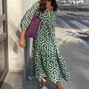 Basic Casual Jurken Dames Vintage Print Maxi-jurk Zomer Casual Turn-down Kraag Lange Mouw Lange Jurk Dames Boho Strand Overhemdjurk Vakantie Gewaad 230904