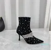 Top quality Crystal Rhinestones Ankle Boots Pointed toe Stiletto heels women's luxury designer Leather sole Booties Dress Evening shoes factory footwear Size