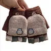 Cute Kids Knit Winter Gloves Child Warm Convertible Fingerless Robot Gloves with Mittens Cover for Girls Boys 3-10Y