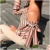 Blouses pour femmes Chemises Designer Tops Wome Femmes Chemise Vêtements Lady Off Shoder Lace Up Unique Stripe Saisons Date Casual Vacances Dhetp