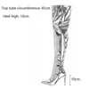 Seksowne srebrne lustro uda wysokie buty kobiety t pokazują spiczaste buty imprezowe paleniskowe cienkie obcasy nad kolanami długie buty dla dziewcząt buty na imprezę 35-43