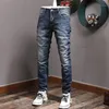 Herrenjeans Italienischer Stil Mode Männer Distressed Plain Elastic Slim Fit Ripped Retro Dunkelblau Vintage Designer Casual Pants216b