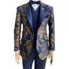 Jacquard Bloemen Smoking Pakken voor Mannen Bruiloft Slim Fit Marineblauw en Goud Herenjasje met Vest Broek 3-delig Herenkostuum 2208268a