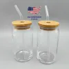 EE. UU. CA Almacén 500 ml 16 oz Transparente Libbey Café helado Cerveza Vaso con forma de lata Vasos con tapa de bambú y pajita de vidrio sep05