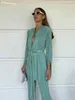 Womens Two Piece Pants Clable Autumn Green Pleated Set Bodycon Slit Trosuer Suits Fashion Laceup långärmad blazer 2 Set Outfits 230905