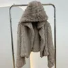 Womens Fur Faux Real Rabbit Hooded Coat Long Sleeve Women Casual Loose Knitted Genuine Jacket With Hood Female Natural Outwear 230904