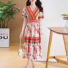 Grundläggande casual klänningar Löst fest vestidos casual klänning sundress plus size kvinnliga kläder tryck elegant v-hals kort ärm sommaren rak naturlig LST230904