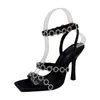 Ny kvinna högklackade sandaler Rhinestone Chain High Heels Luxury Sandals Women Designers Bling Bling Party Shoes Small 34-41