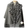 Womens Fur Faux Fashion Triangle Real Rabbit Ball Shawn Winter Women Cashmere Tassel Cape Pompon Cloak Lady Mother Gift Casaco Feminino 230904