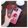 Metallfingerringhållare Kinesisk röd blomma mjuk TPU -fodral för iPhone 15 Pro Max 14 plus 13 12 11 8 7 6 X XR XS Kromed Metallic Diamond Bling Glitter Plating Luxury Cover