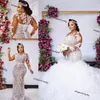 Robes de mariée en dentelle sirène grande taille avec train détachable manches longues perlées robes de mariée africaines balayage train robe de mariee257G