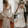 2023 Gorgeous Lace Mermaid Wedding Dresses Bridal Gown Deep V Neck Backless Long Poet Sleeves Sweep Train Ruffles Custom Made Vestidos de novia Plus Size