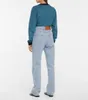 Designer jeans dames aankomst hoge taille straat uitgeholde patch geborduurde decoratie casual blauwe rechte denim broek