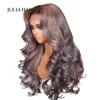 Synthetic Wigs Julia rambut 13x4 renda depan abu Violet dengan lampu sein tubuh gelombang Wig akar coklat ujung abu abu pra pencabutan bayi 230905