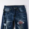 Pantalon en jean coupe ajustée pour hommes, Patch déchiré, en Denim bleu, pantalon décontracté, grande taille 28-40, taille américaine 1318