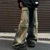 Мужские джинсы FEWQ Желтые, окрашенные в грязь контрастные брюки с большими карманами, широкие брюки в пол, осень 2023, повседневные 24X1575 230904