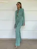 Womens Two Piece Pants Clacive Autumn Green Pleated Set Bodycon Slit Trosuer Suits Fashion LaceUp Long Sleeve Blazer 2 Sets Outfits 230905