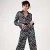 Pijamas femininos 2023 outono moda pijama conjunto cetim solto e confortável loungewear preto leopardo calças de mangas compridas 2 pçs