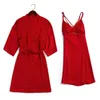 Women's Sleepwear Red Satin Lace Robe Set Home Clothes Sexy Kimono Bath Gown Nightgown Short Women Night Dress Twinset Intimate Lingerie